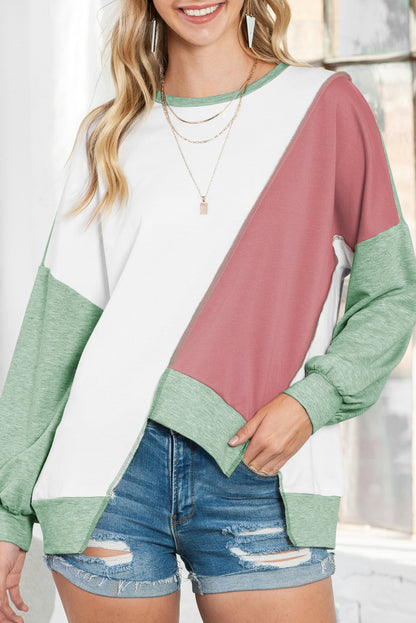 Khaki Colorblock Stitching Irregular Hem Long Sleeve Top