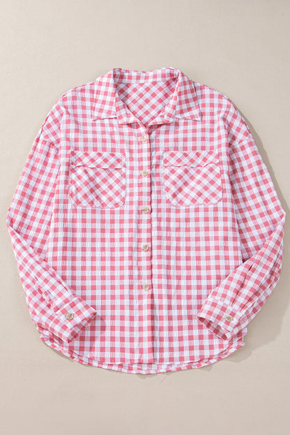 Pink Gingham Print Chest Pockets Buttoned Shirt