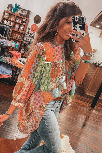 Orange Boho Paisley Mixed Print 3/4 Sleeve Chiffon Loose Dress