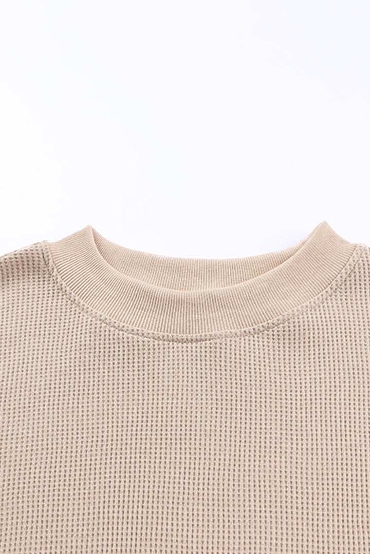 Apricot Crew Neck Ribbed Trim Waffle Knit Long Sleeve Top