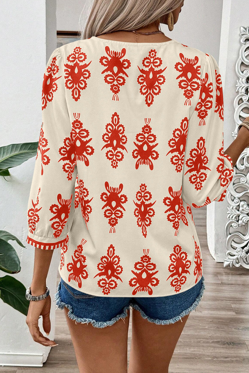 Orange Ethnic Abstract Print Puff Sleeve V Neck Blouse