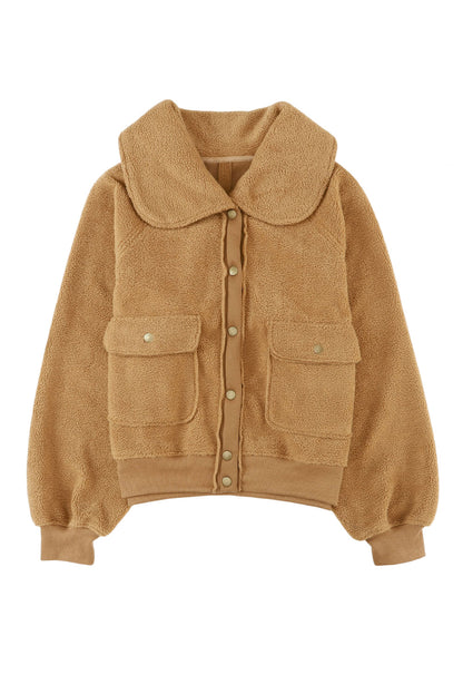 Brown Button Flap Pockets Collared Fleece Jacket