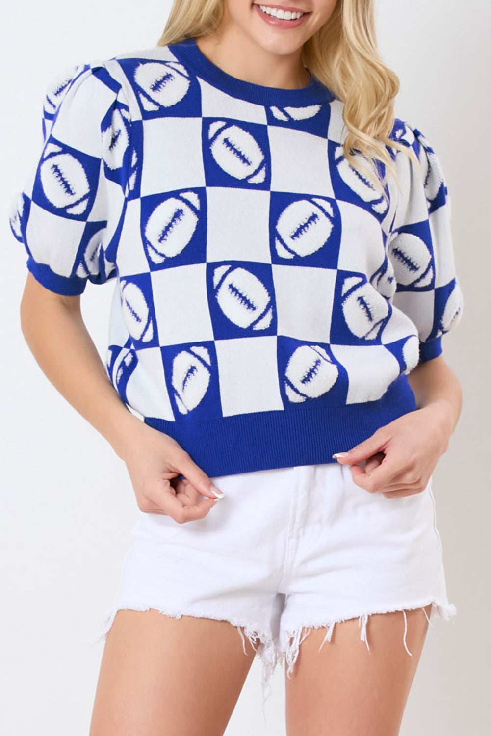 Dark Blue Rugby Plaid Color Block Puff Sleeve Knit Top