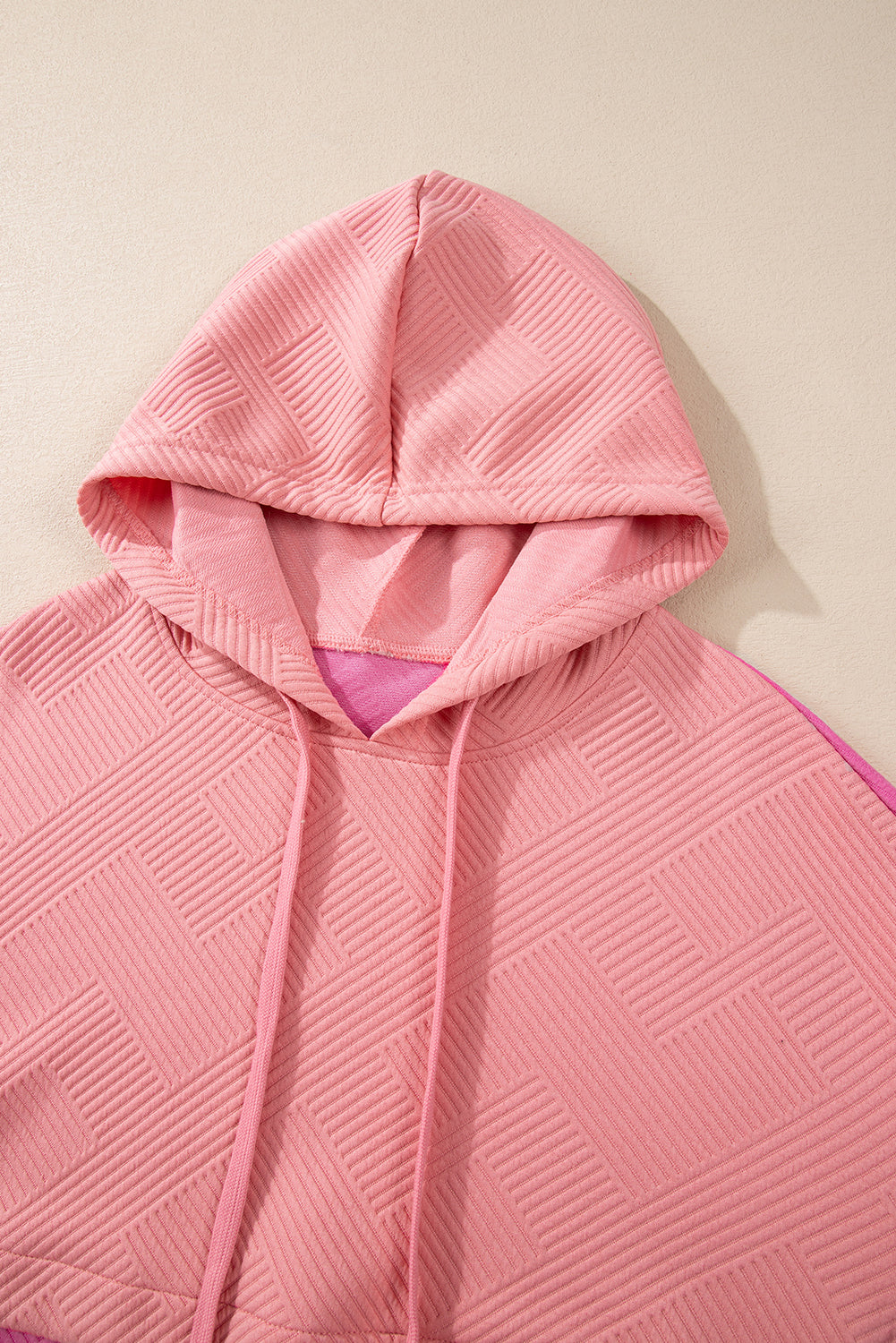 Pink Textured Patchwork Kangaroo Pocket Drop Shoulder Hoodie