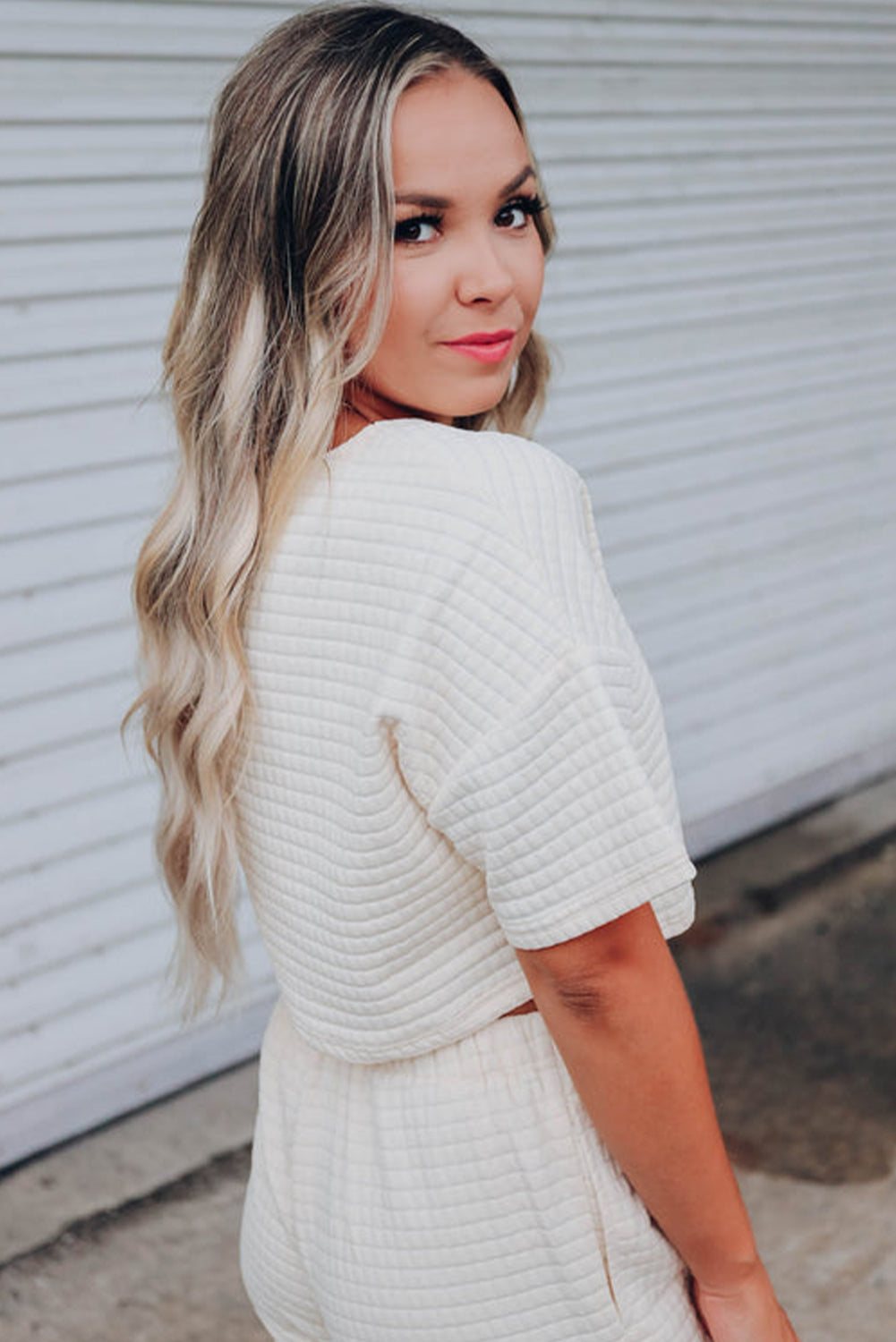 White Lattice Textured Cropped Tee