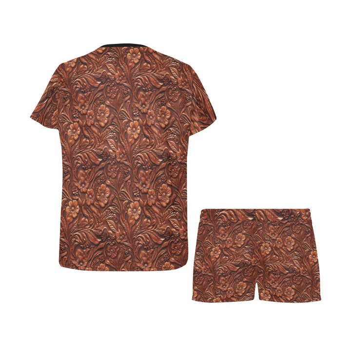 Leather Floral Print Women's Western Top and Shorts Pajama Set