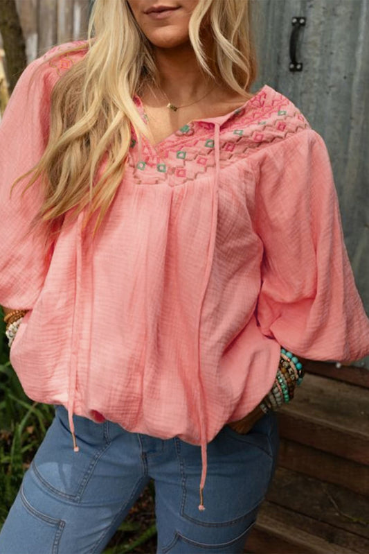 Apricot Pink Geometric Embroidered V Neck Puff Sleeve Blouse