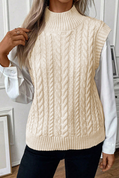 Oatmeal Ribbed Trim High Neck Cable Knit Sweater Vest