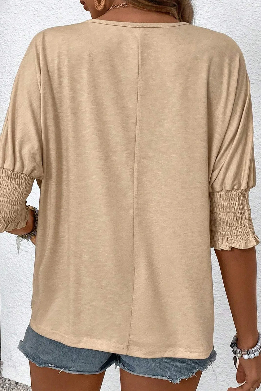 Apricot Solid Color Smocked Cuffs Dolman Blouse