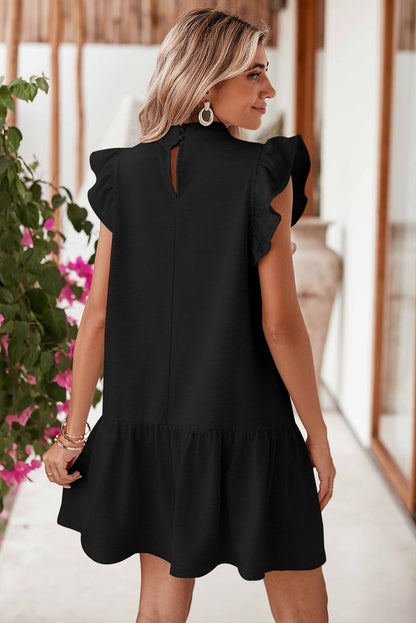 Black Solid Color Ruffle Hem Mini Dress