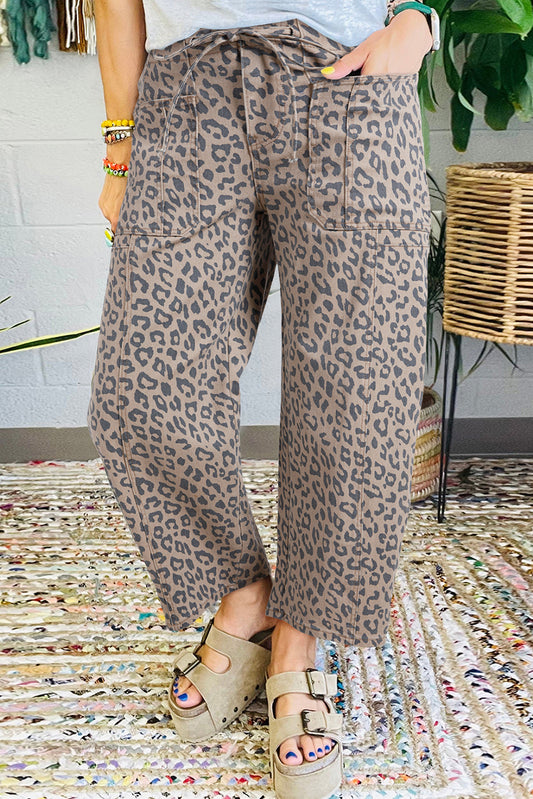 Khaki Leopard Print Drawstring Waist Pocketed Wide Leg Jeans