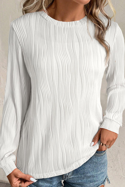 White Wavy Textured Solid Color Drop Shoulder Pullover Top