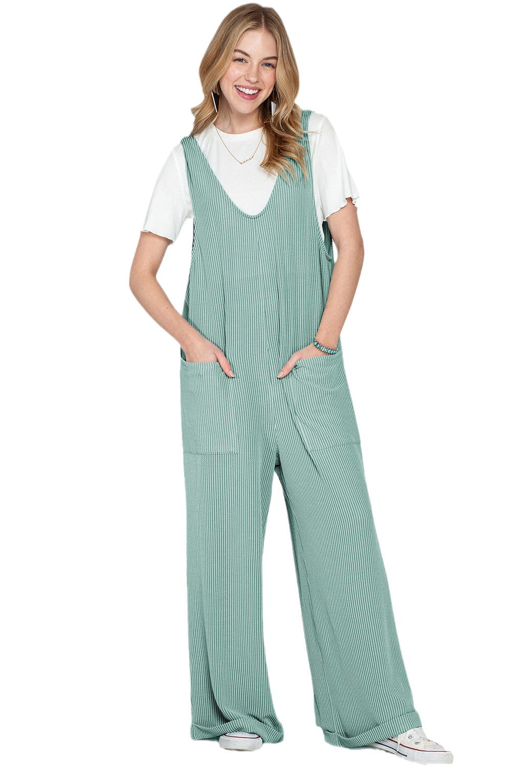 Dark Grey Green Pockets Oversized Ribbed Wide Leg Jumpsuit