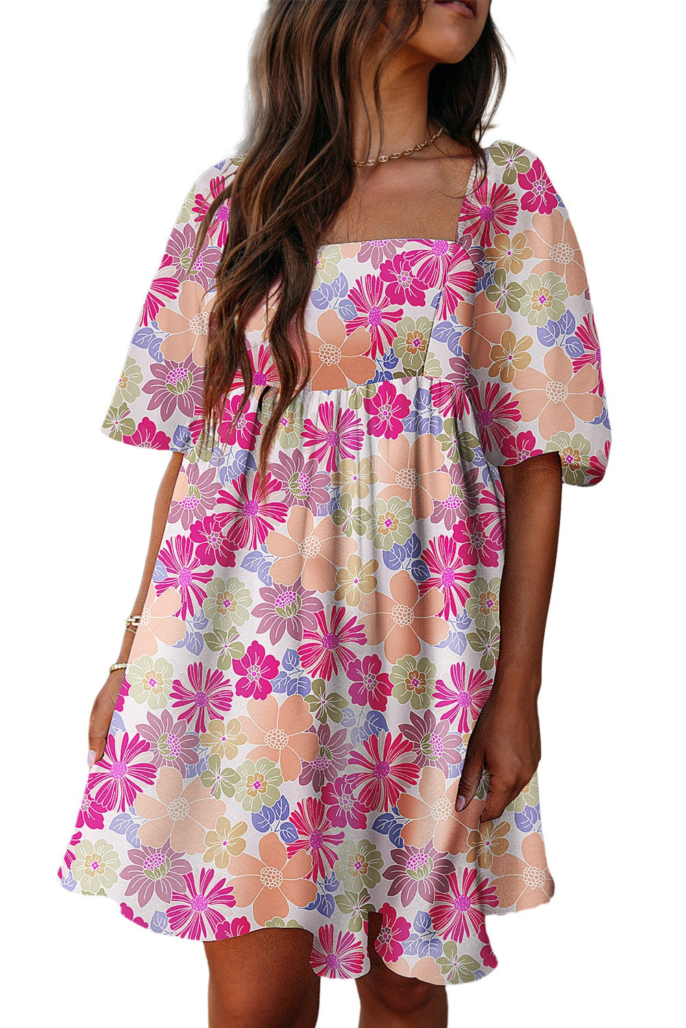 rose summer floral square neck puff sleeve babydoll dress