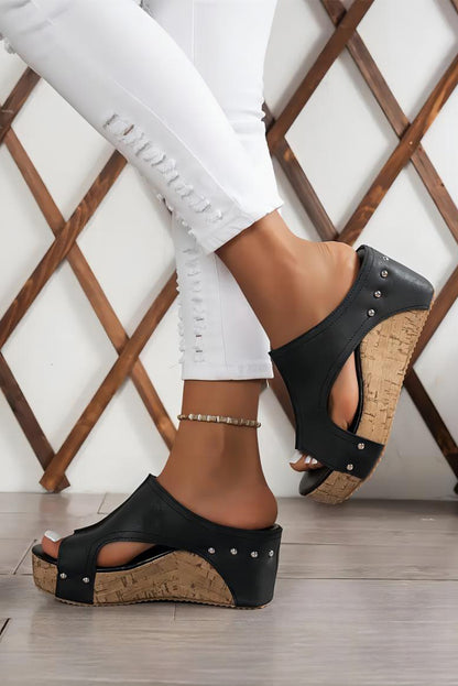 Black Hollow Out Studded PU Leather Wedge Slides Shoes