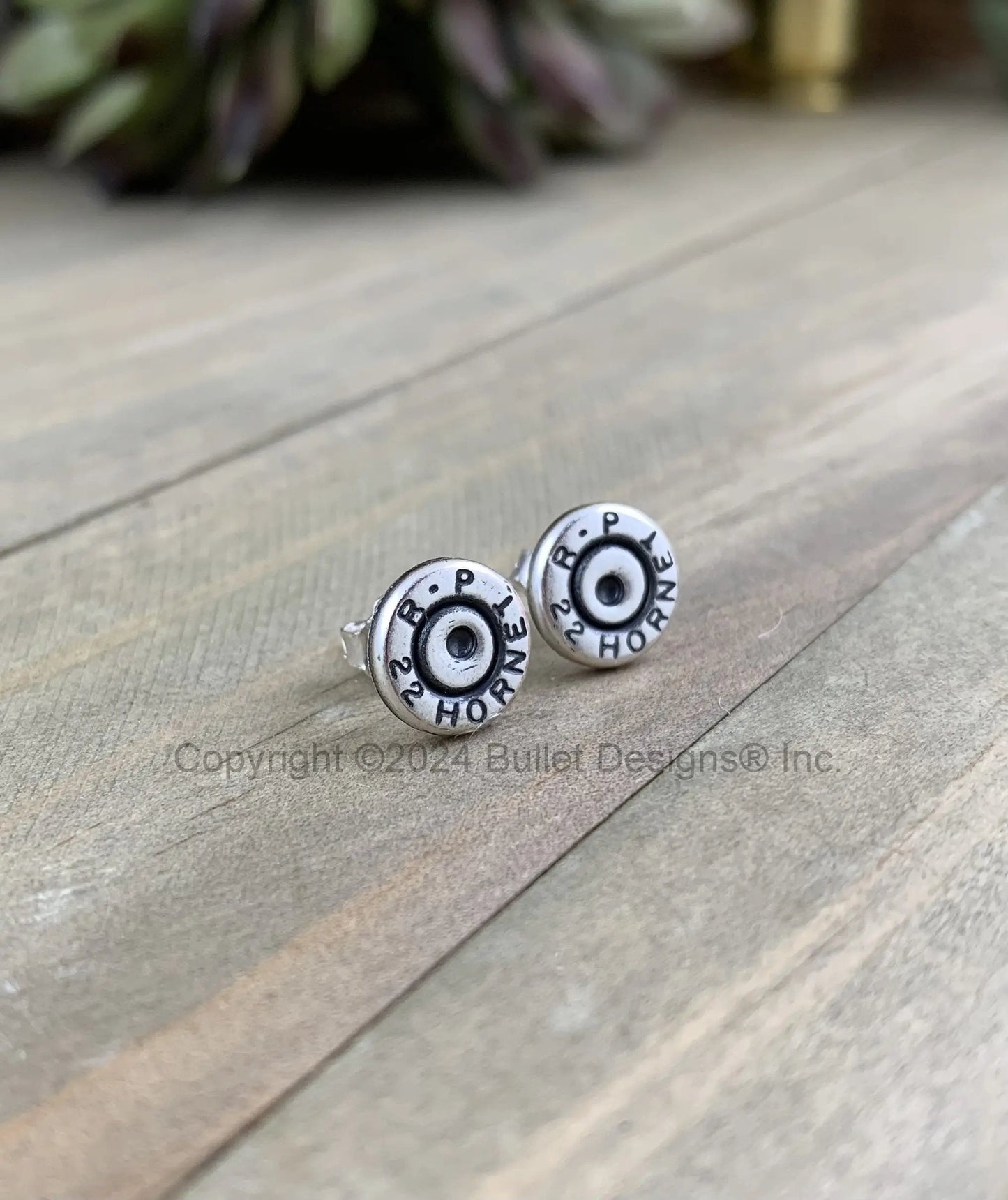 Rugged Bullet Stud Earrings / 22 Hornet Antique Silver Bullet Head / Sterling Earrings/ Sterling Studs Earrings/ Black lettering
