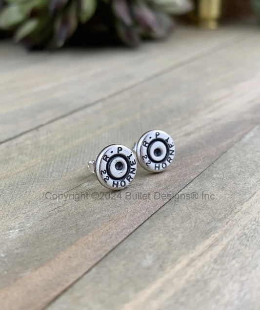 Rugged Bullet Stud Earrings / 22 Hornet Antique Silver Bullet Head / Sterling Earrings/ Sterling Studs Earrings/ Black lettering