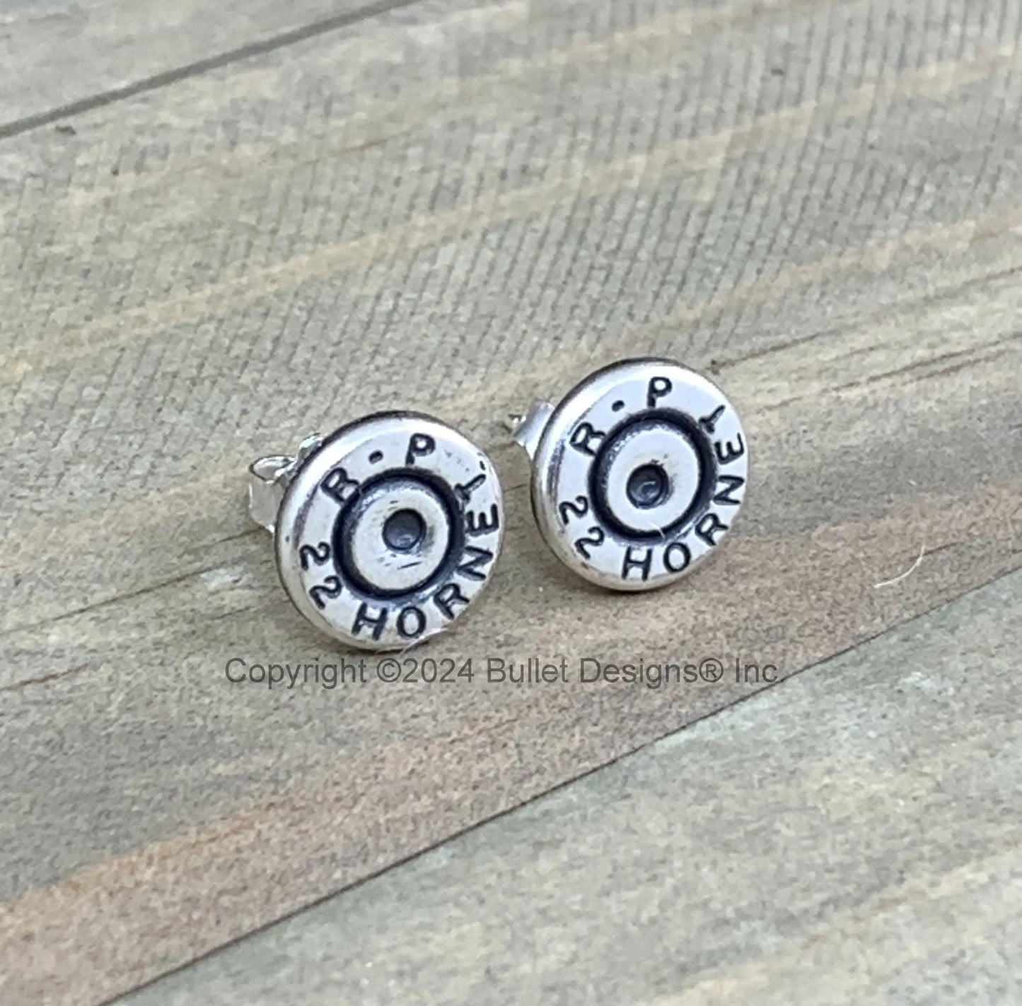 Rugged Bullet Stud Earrings / 22 Hornet Antique Silver Bullet Head / Sterling Earrings/ Sterling Studs Earrings/ Black lettering