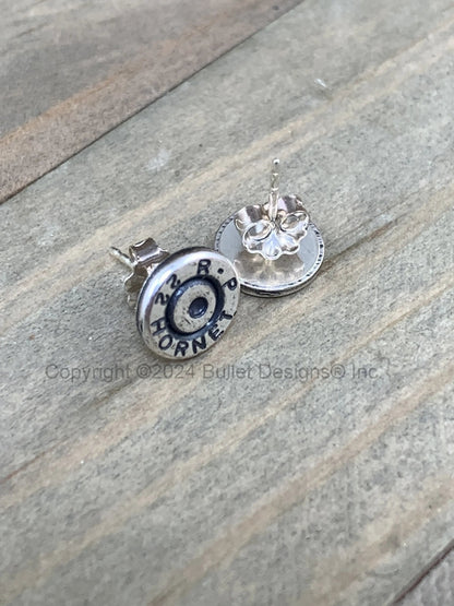 Rugged Bullet Stud Earrings / 22 Hornet Antique Silver Bullet Head / Sterling Earrings/ Sterling Studs Earrings/ Black lettering