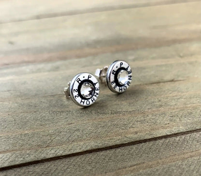 Rugged Bullet Stud Earrings / 22 Hornet Antique Silver Bullet Head / Sterling Earrings/ Sterling Studs Earrings/ Black lettering