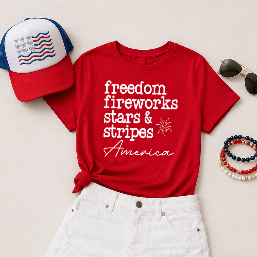 Red t-shirt with 'freedom fireworks stars & stripes America' text, white shorts, white sneakers, red and blue cap, patterned bag, sunglasses, and bracelet on a beige background.