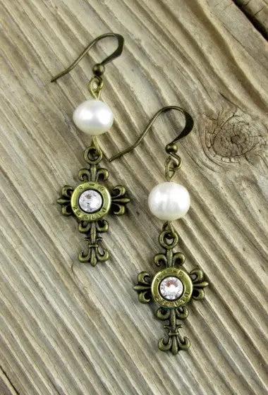 Elegant Cross Pearl Dangle Earrings, 25 Auto Brass