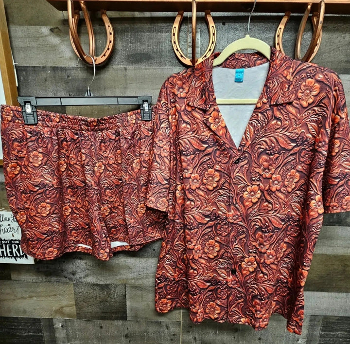 Leather Floral Print Women's Pajama Set