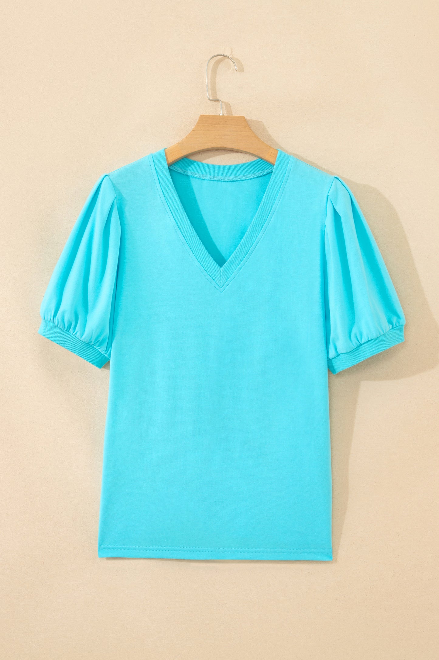 Solid Color V-Neck Short Puff Sleeve Blouse