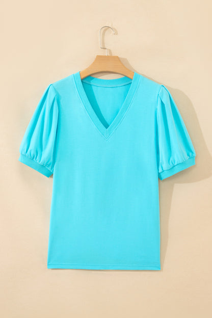 Solid Color V-Neck Short Puff Sleeve Blouse