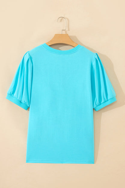Solid Color V-Neck Short Puff Sleeve Blouse