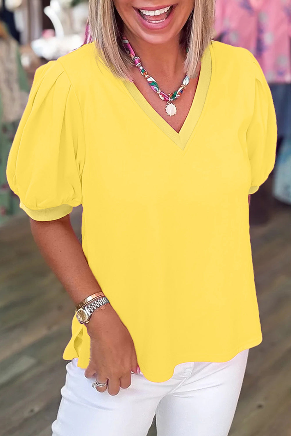 Solid Color V-Neck Short Puff Sleeve Blouse