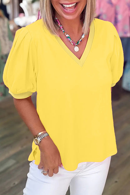 Solid Color V-Neck Short Puff Sleeve Blouse