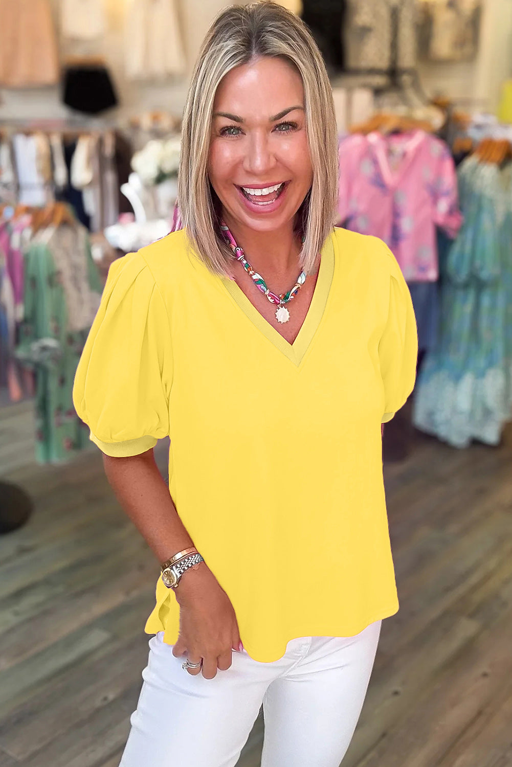 Solid Color V-Neck Short Puff Sleeve Blouse