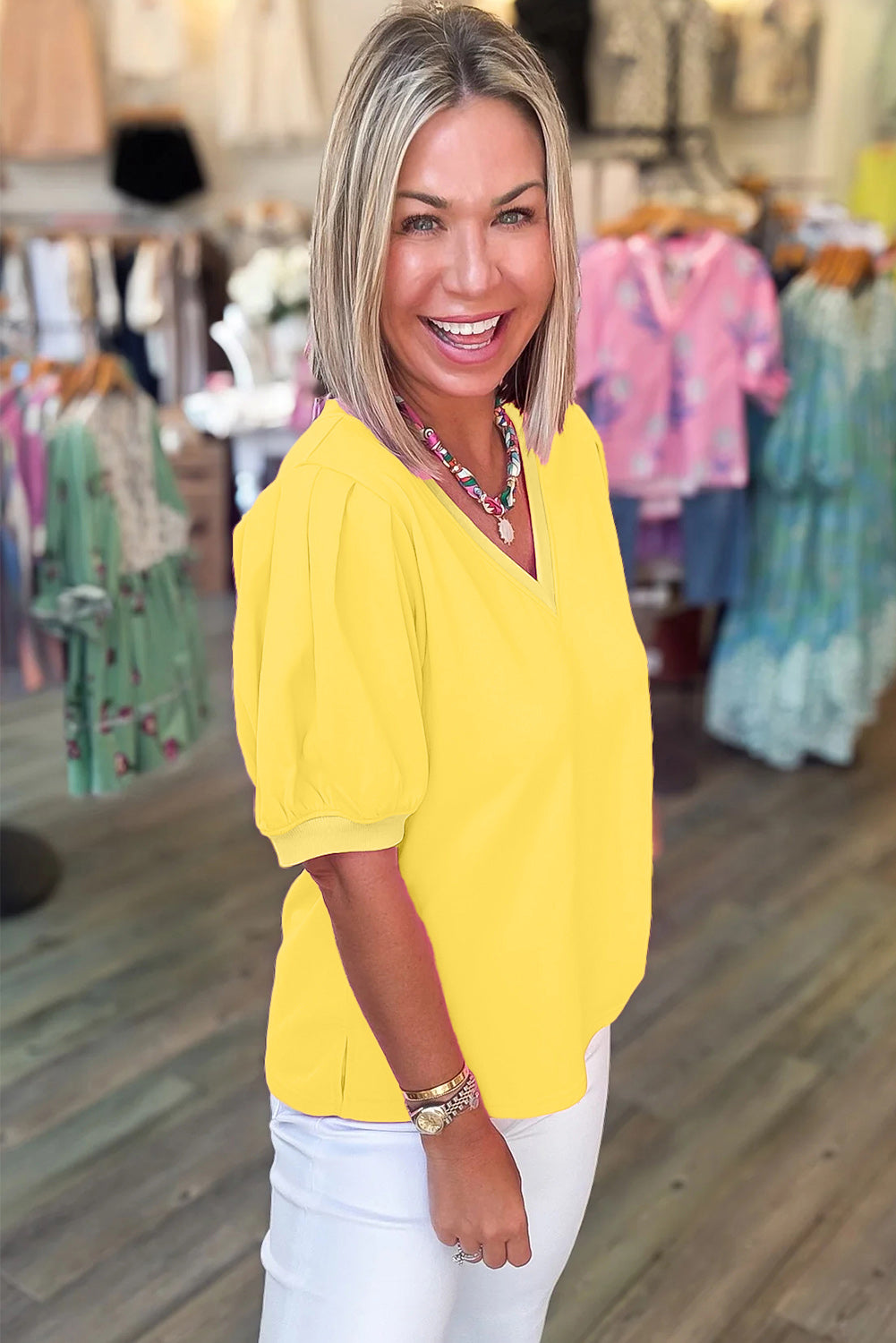 Solid Color V-Neck Short Puff Sleeve Blouse