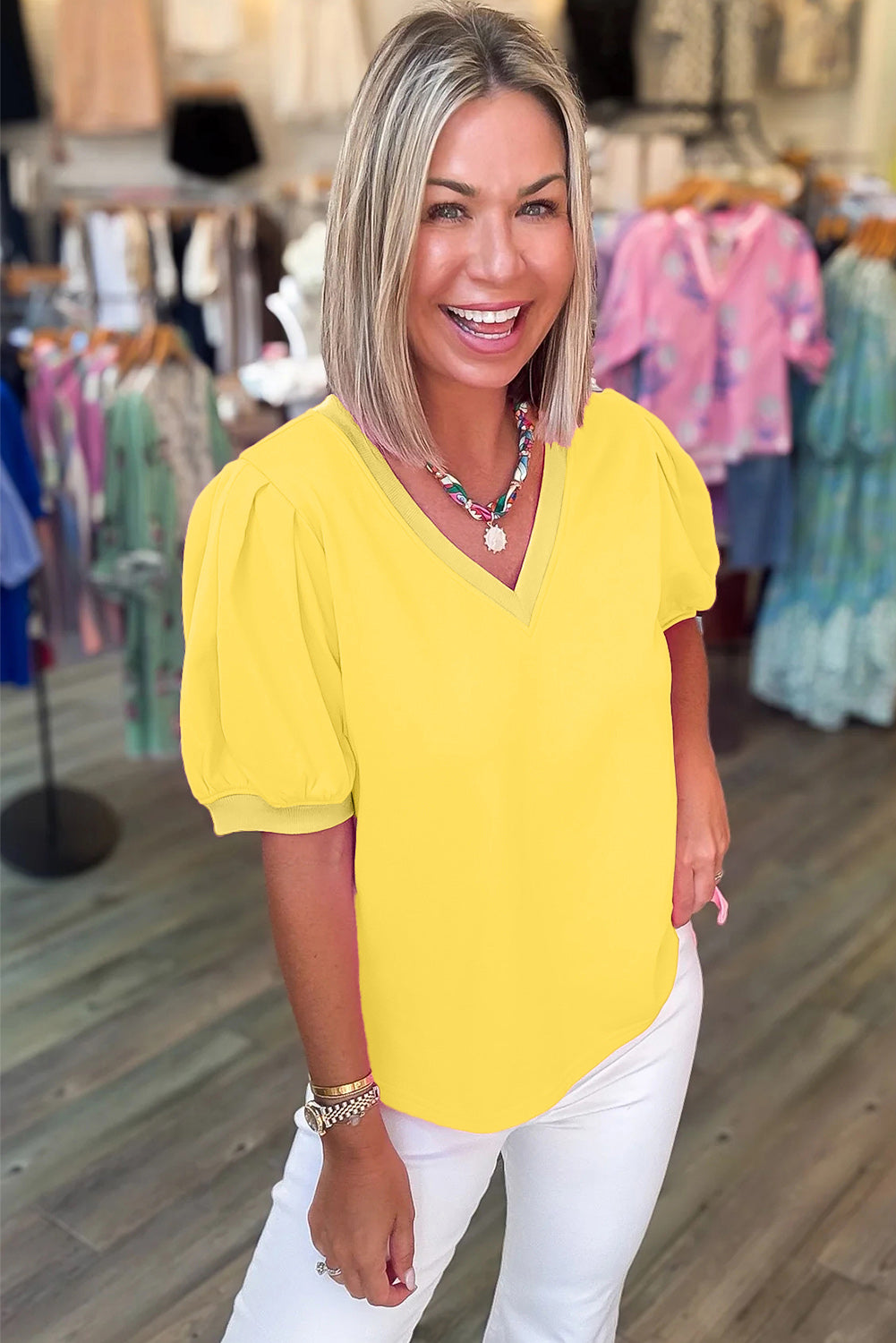 Solid Color V-Neck Short Puff Sleeve Blouse