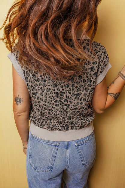 Beige leopard jacquard knit zip collar top - back flat lay on hanger showing ribbed cap sleeves and hem band