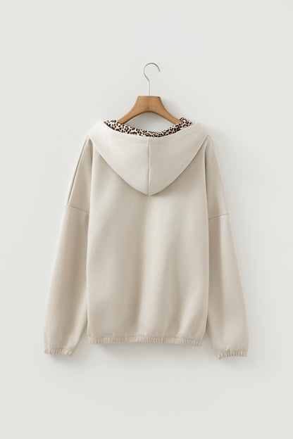 Cream Leopard Contrast Drawstring Hoodie