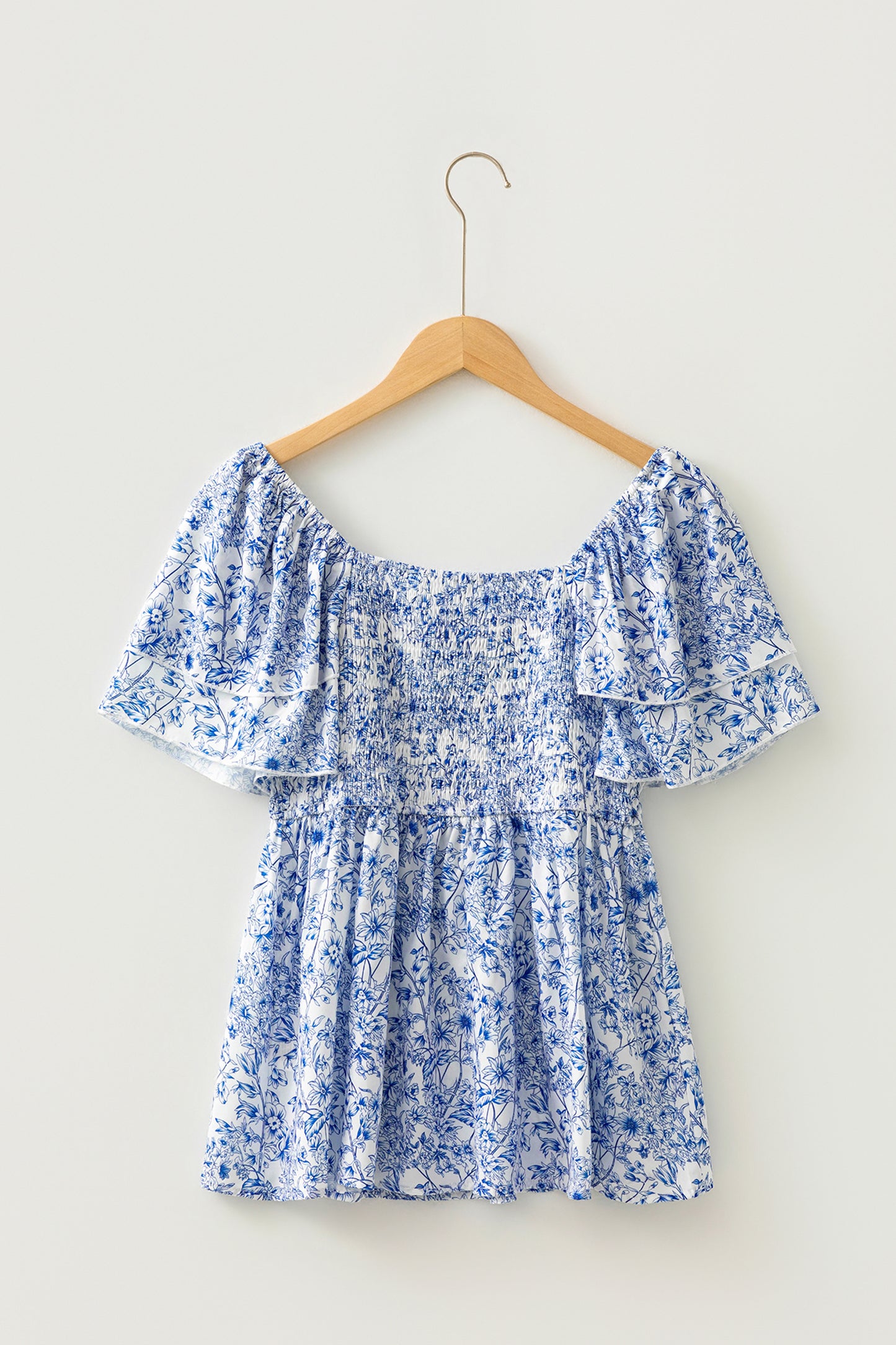 Blue toile floral smocked babydoll blouse - fabric detail