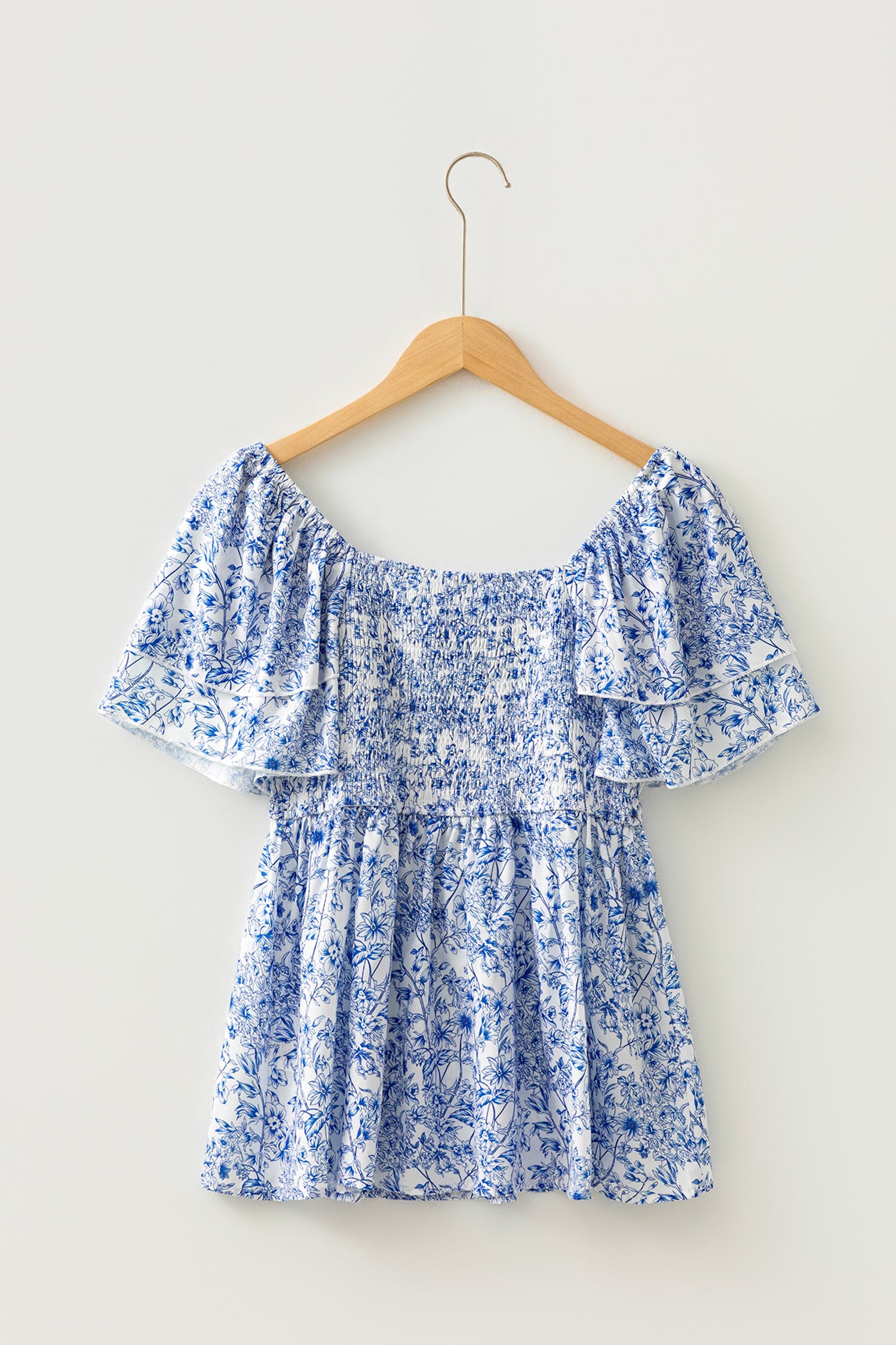 Blue toile floral smocked babydoll blouse - fabric detail