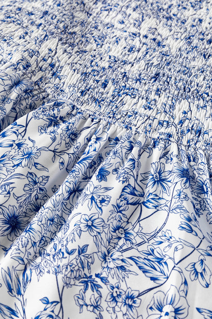 Blue toile floral smocked babydoll blouse - lifestyle shot