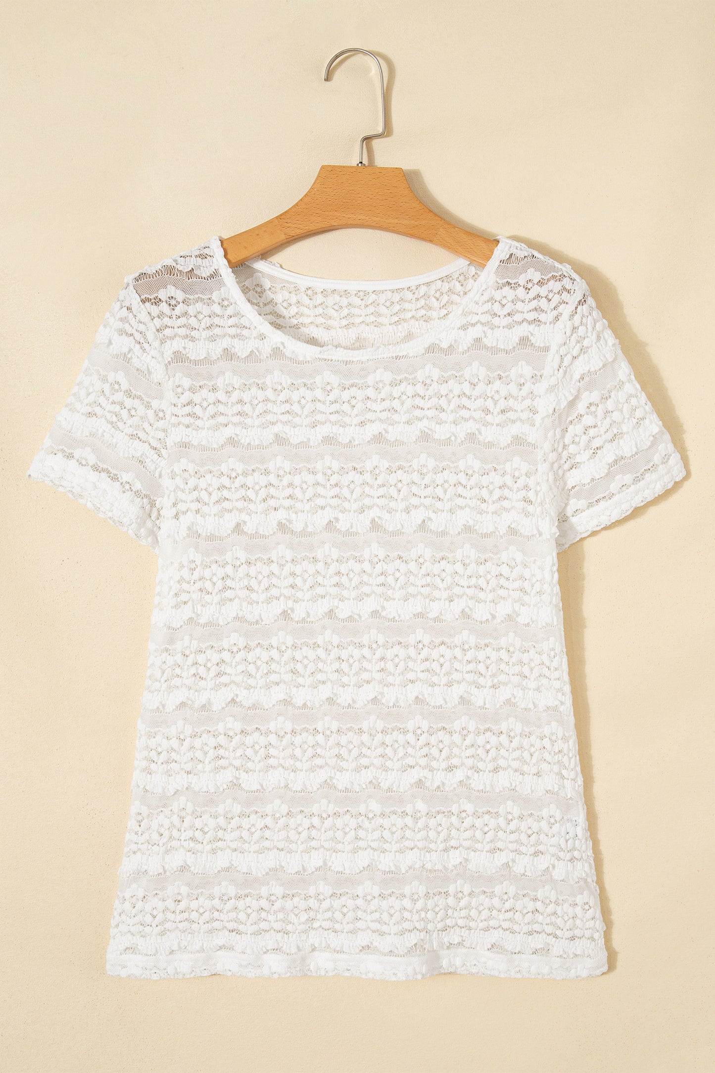 White sheer lace short sleeve top - neckline close up