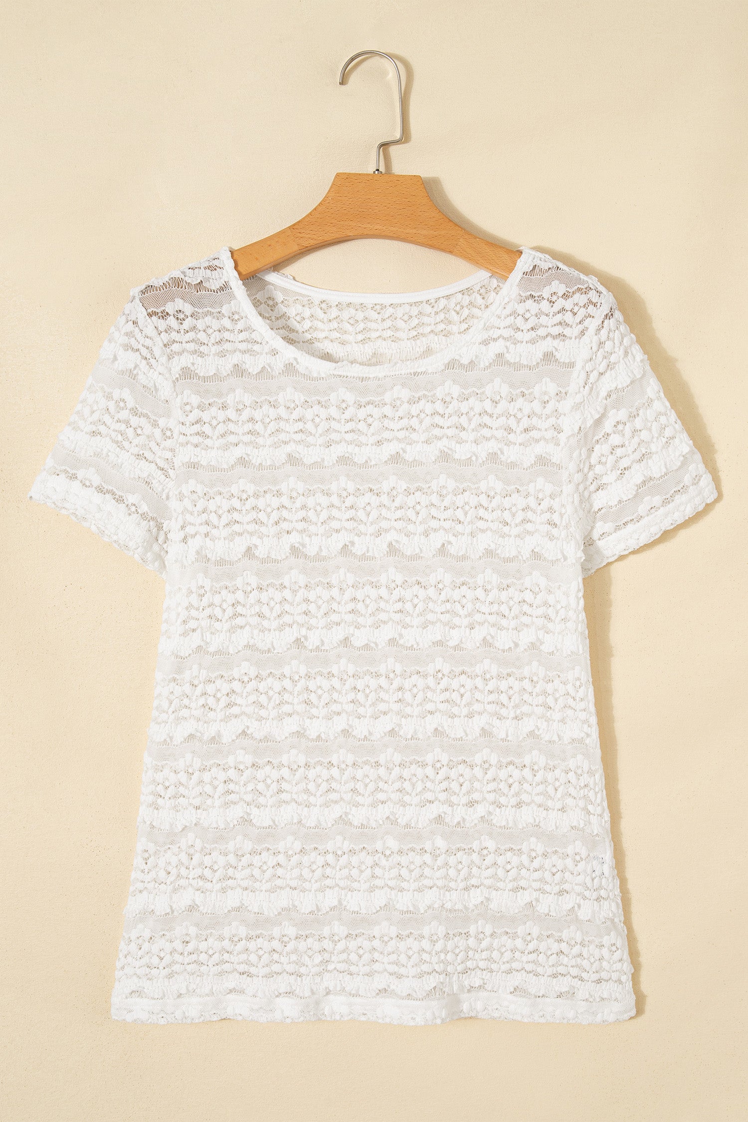 White sheer lace short sleeve top - neckline close up