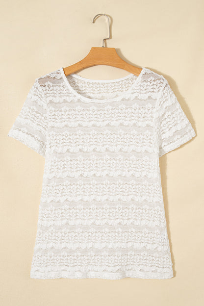 White sheer lace short sleeve top - neckline close up