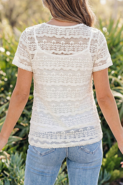 White sheer lace short sleeve top - back hanger view