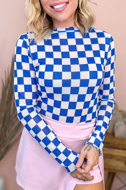 Royal Blue Checkerboard Mesh Long Sleeve Top