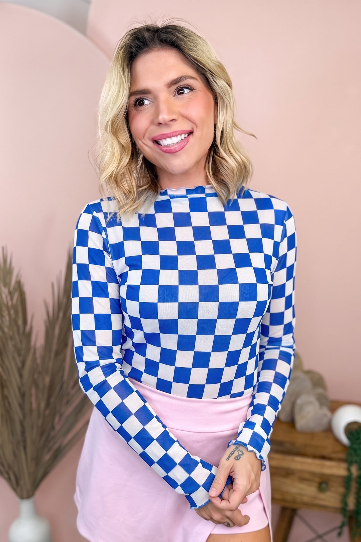Royal Blue Checkerboard Mesh Long Sleeve Top