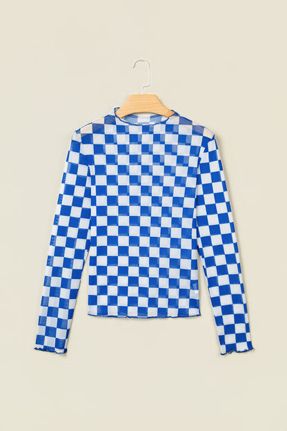 Royal Blue Checkerboard Mesh Long Sleeve Top