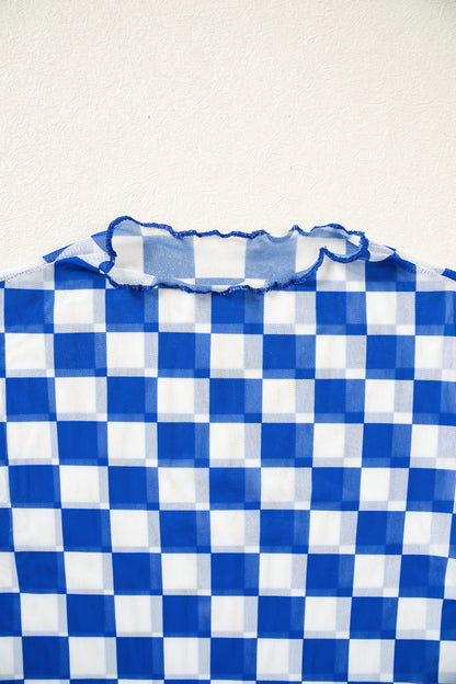 Royal Blue Checkerboard Mesh Long Sleeve Top