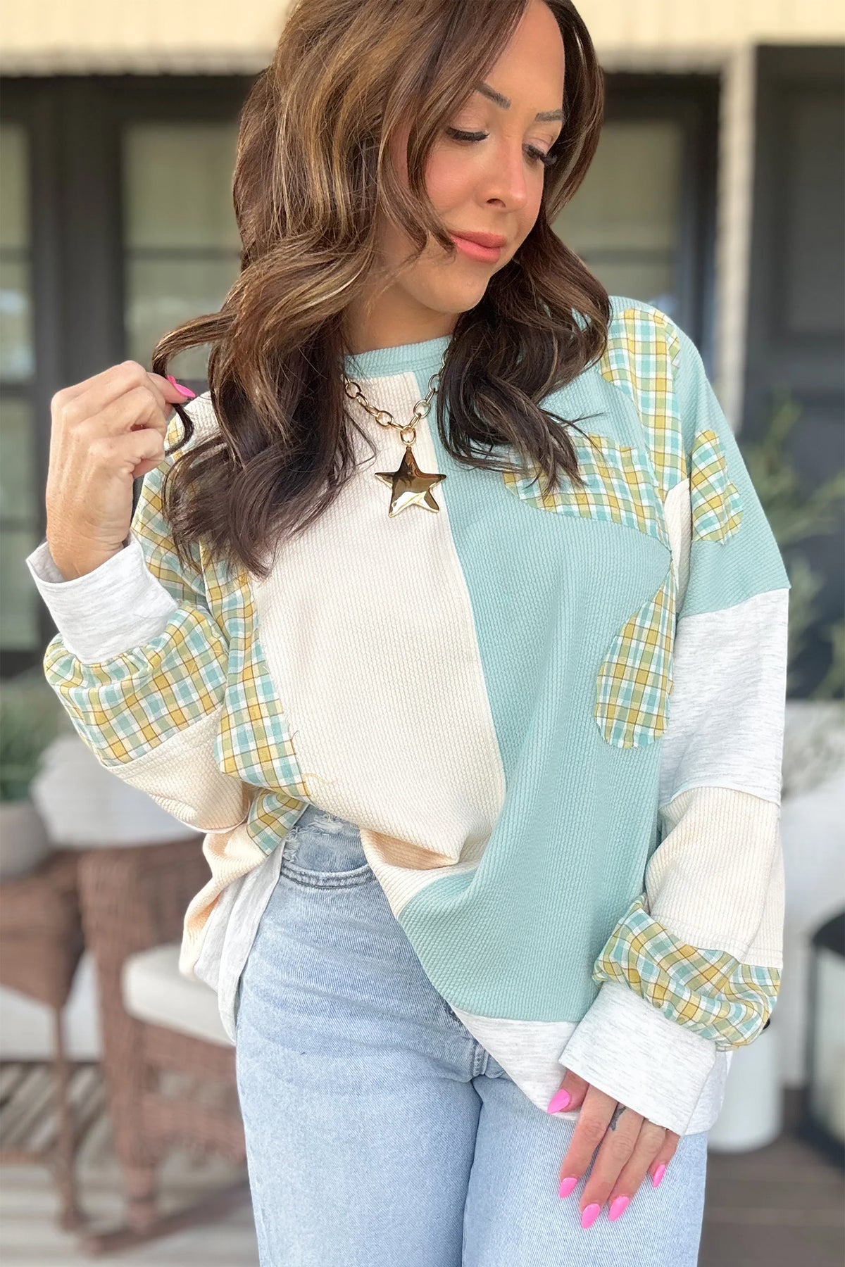 Light blue plaid flower patchwork top styled with denim