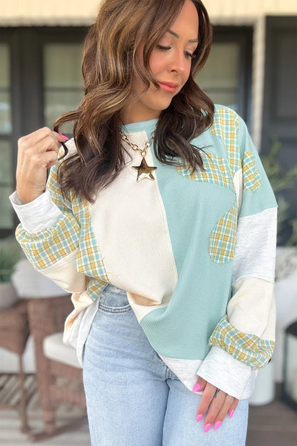 Light blue plaid flower patchwork top styled with denim